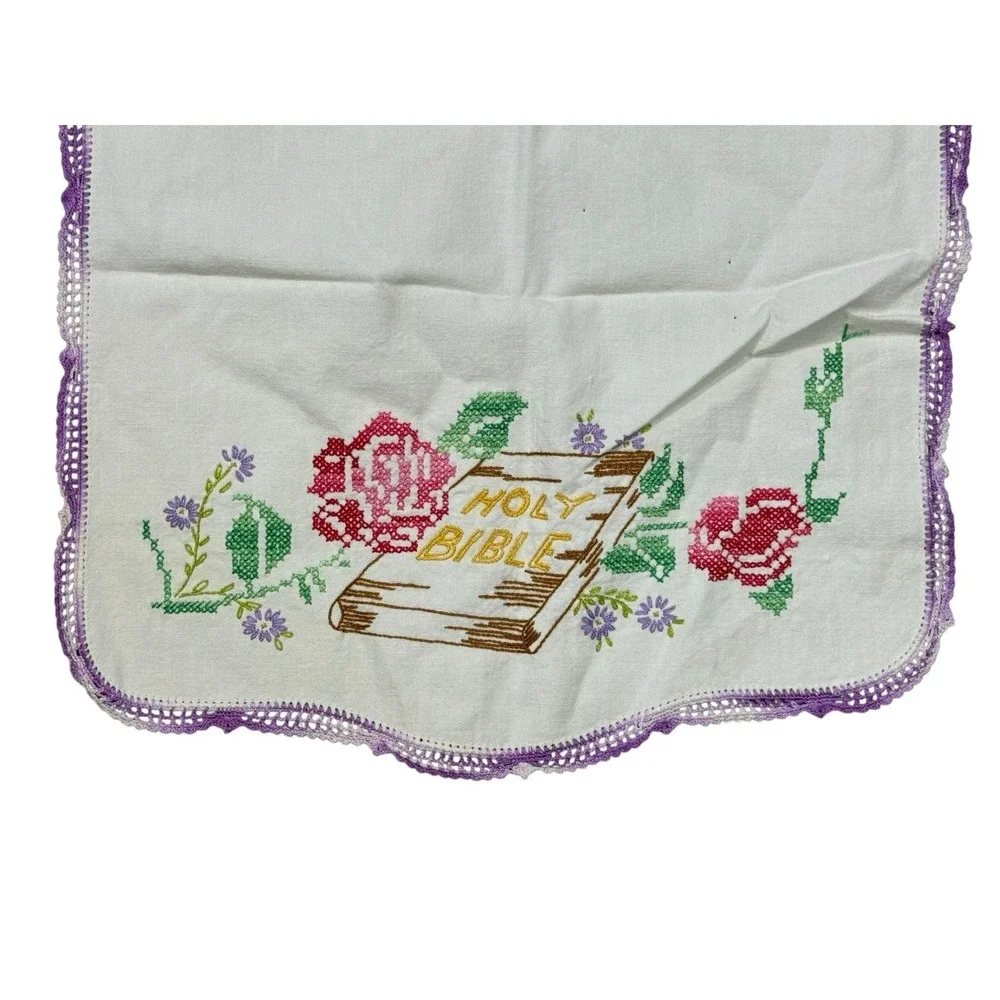 Vintage Cross Stitch Tea Towel Floral Bible Scripture‎ Linen Farmhouse